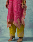 Fuschia Pink Bandhani Kaftan With Lime Green Salwar Set