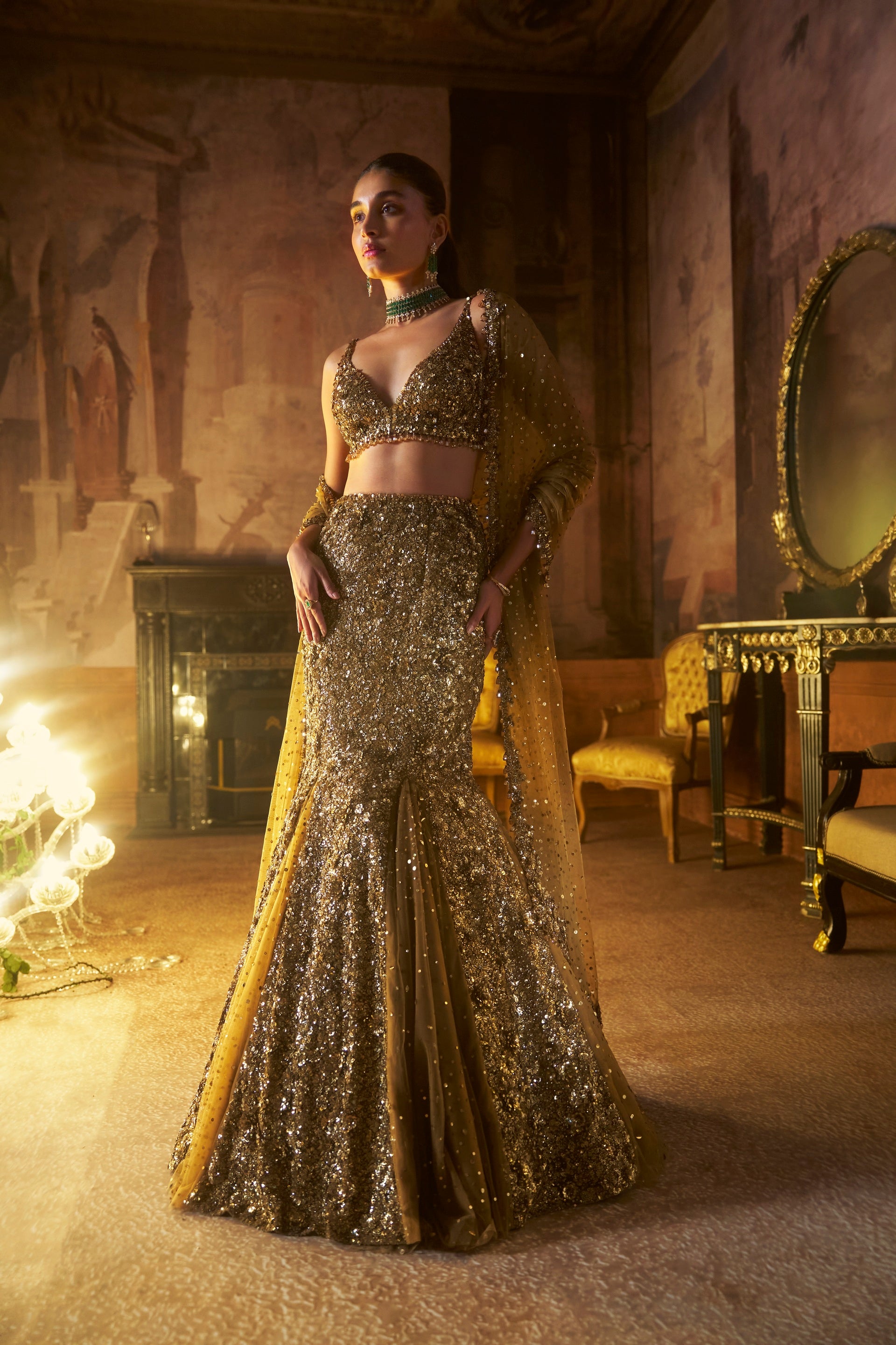 Antique Gold Fit &amp; Flare Skirt Set