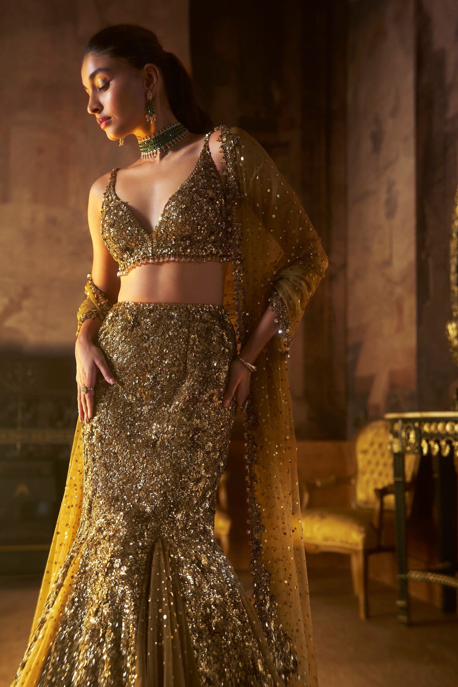 Antique Gold Fit &amp; Flare Skirt Set