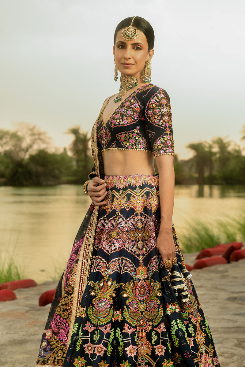 Navy Blue &amp; Pink Lehenga Set