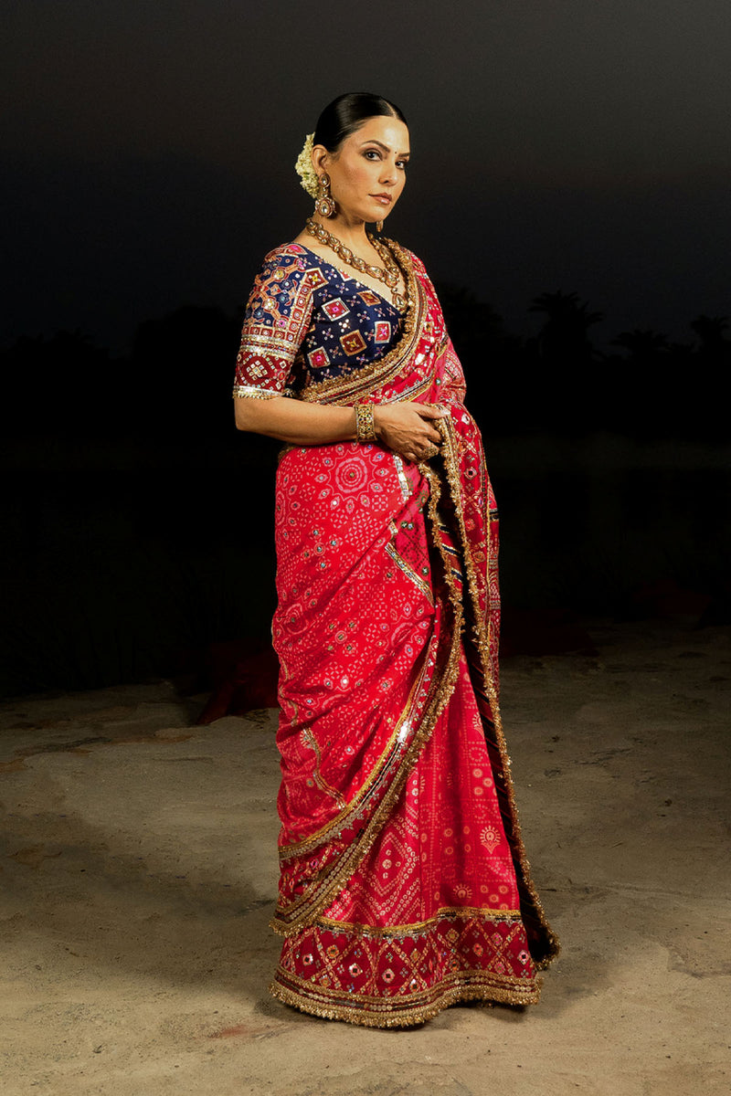 Red Bandhani Banno Saree Set