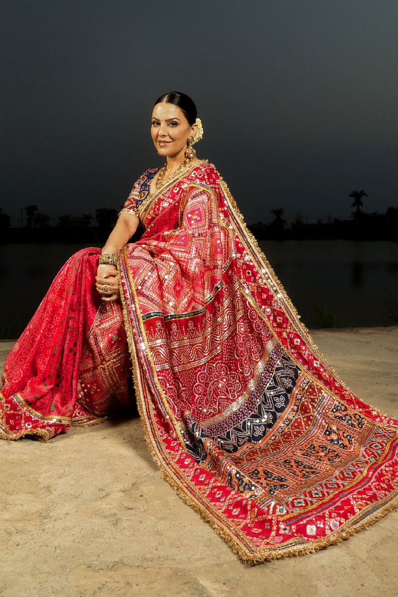 Red Bandhani Banno Saree Set