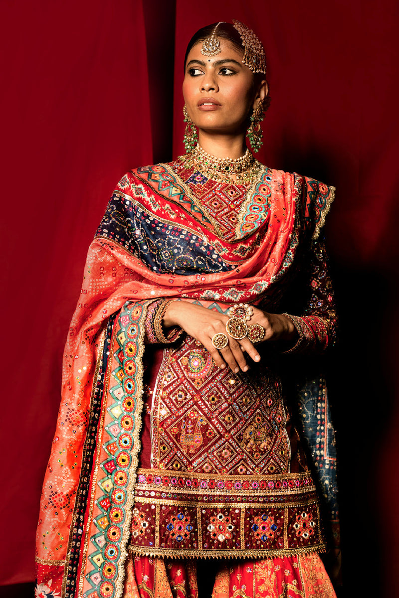 Red and Orange Banno Sharara Set