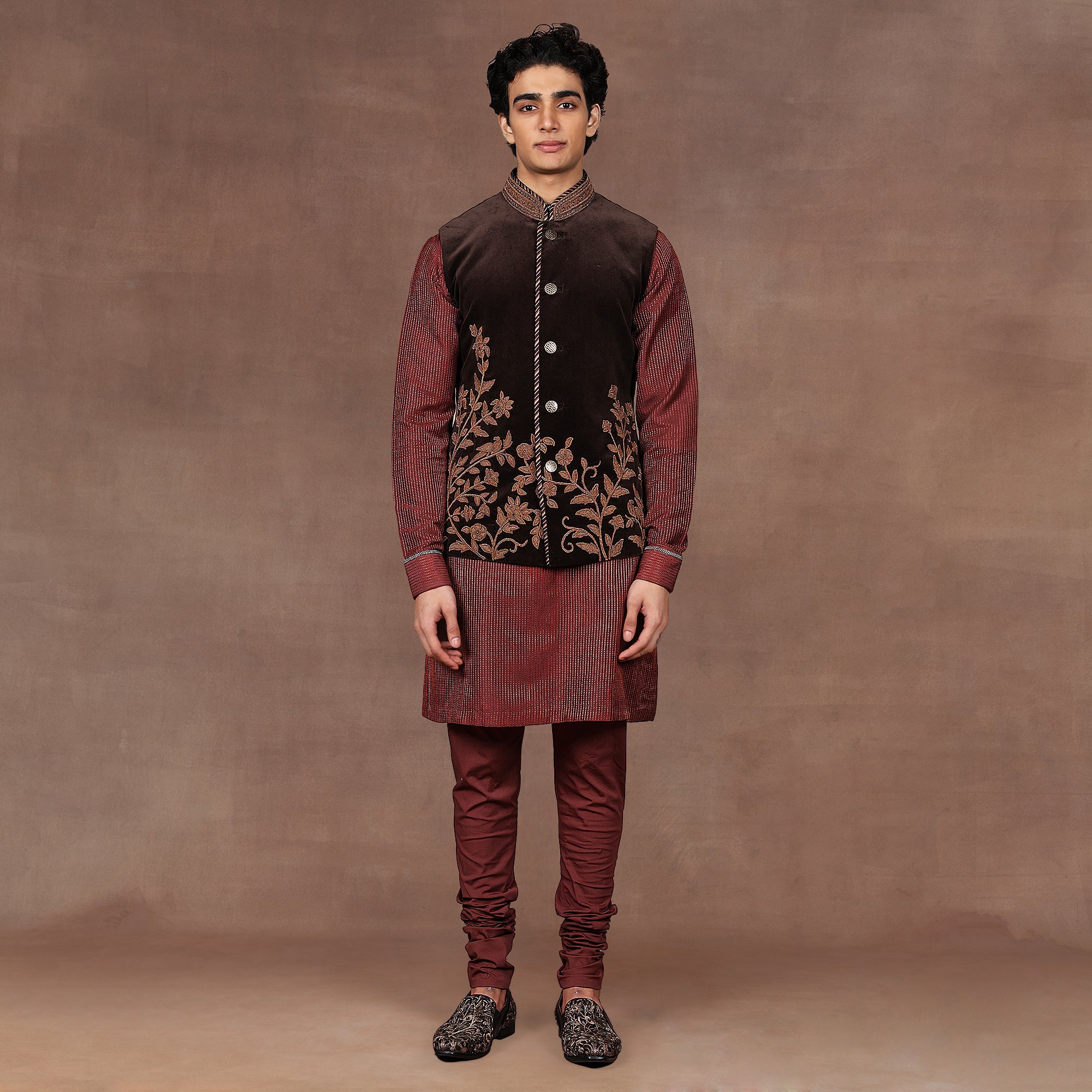 Mocha Brown - Red Nehru Jacket Set | East