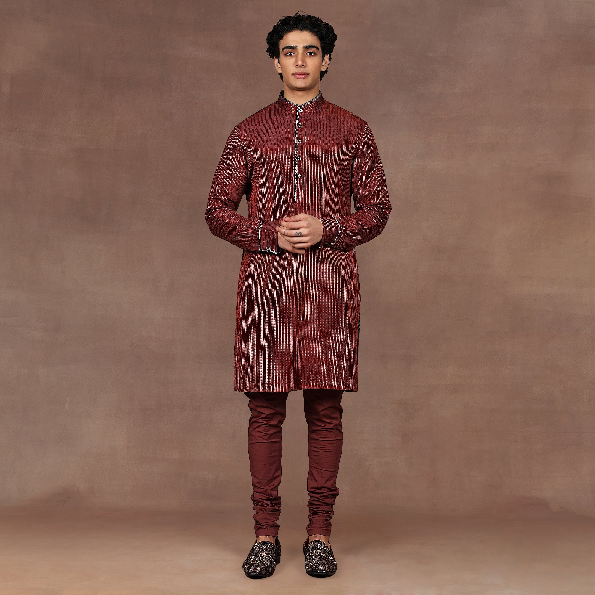 Mocha Brown - Red Nehru Jacket Set | East