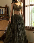 Moss Green Sequinned Lehenga Set - Ready to Ship