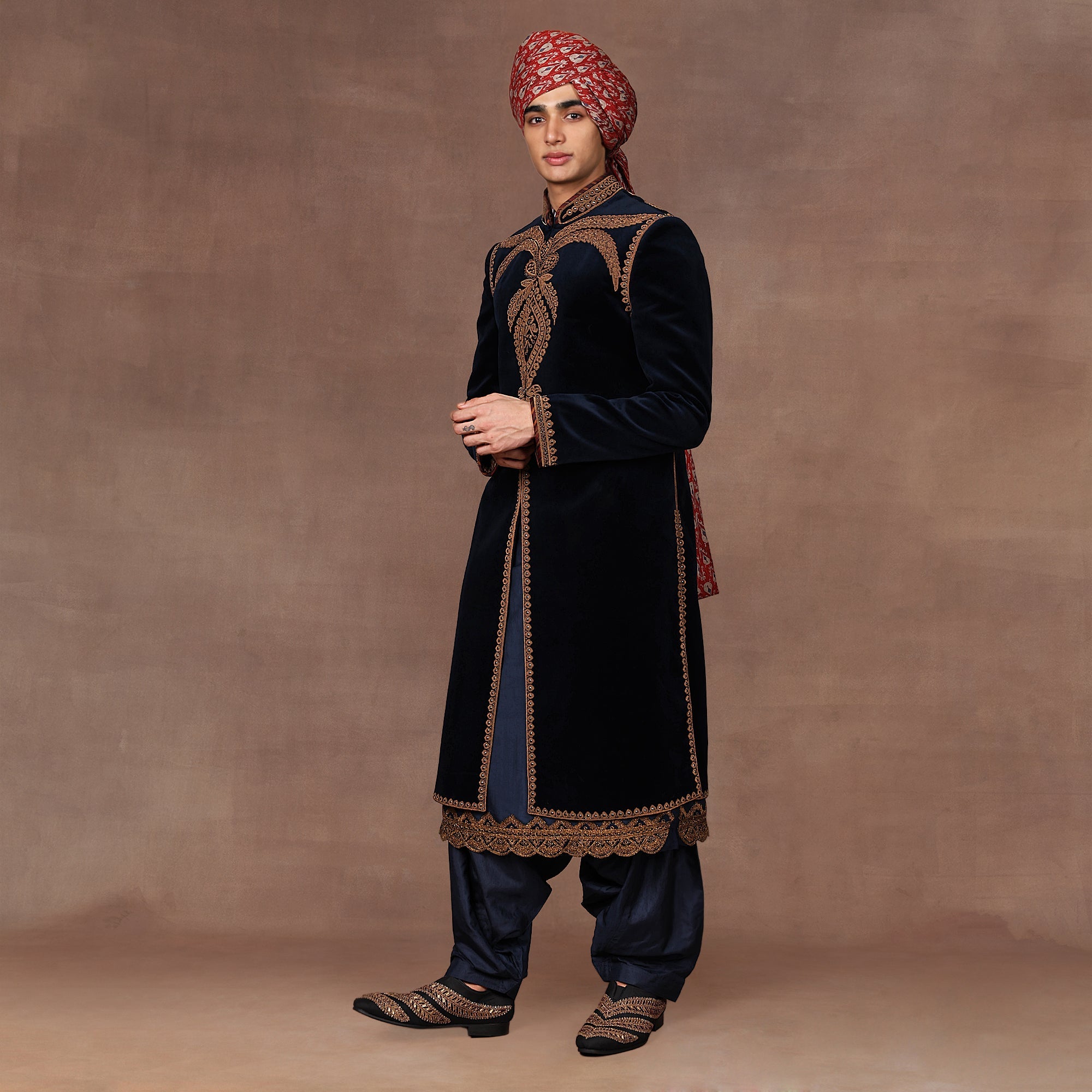 Navy Blue Velvet Sherwani Set | East