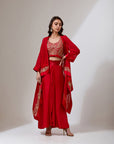 Red Cape With A Dhoti Skirt Set
