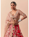 Red Lehenga Set With A Powder Pink Blouse And Dupatta Set