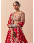 Red Lehenga Set With A Powder Pink Blouse And A Dupatta