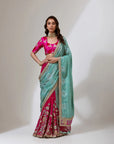 Fuschia And Blue Bandhanni Pallu Lehenga Saree