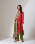 Red Bandhani Kurta With Pista Green Pants And A Shaded Dupatta