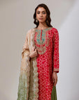 Red Bandhani Kurta With Pista Green Pants And A Shaded Dupatta