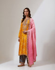Mustard Bandhani Kurta With Grey Pants Set