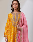 Mustard Bandhani Kurta With Grey Pants Set
