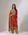 Orange Bandhani Kurta With Mustard Pants Set