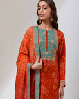 Orange Bandhani Kurta With Mustard Pants Set