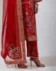 Red Silk Chintz Kurta Set