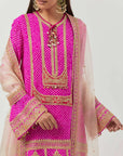 Fuschia Georgette Bandhani Kurta With Tulip Pants Set