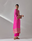 Fuschia Pink Bandhani Kurta With Pants Set