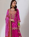 Fuschia Pink Kurti With Crushed Skirt Set