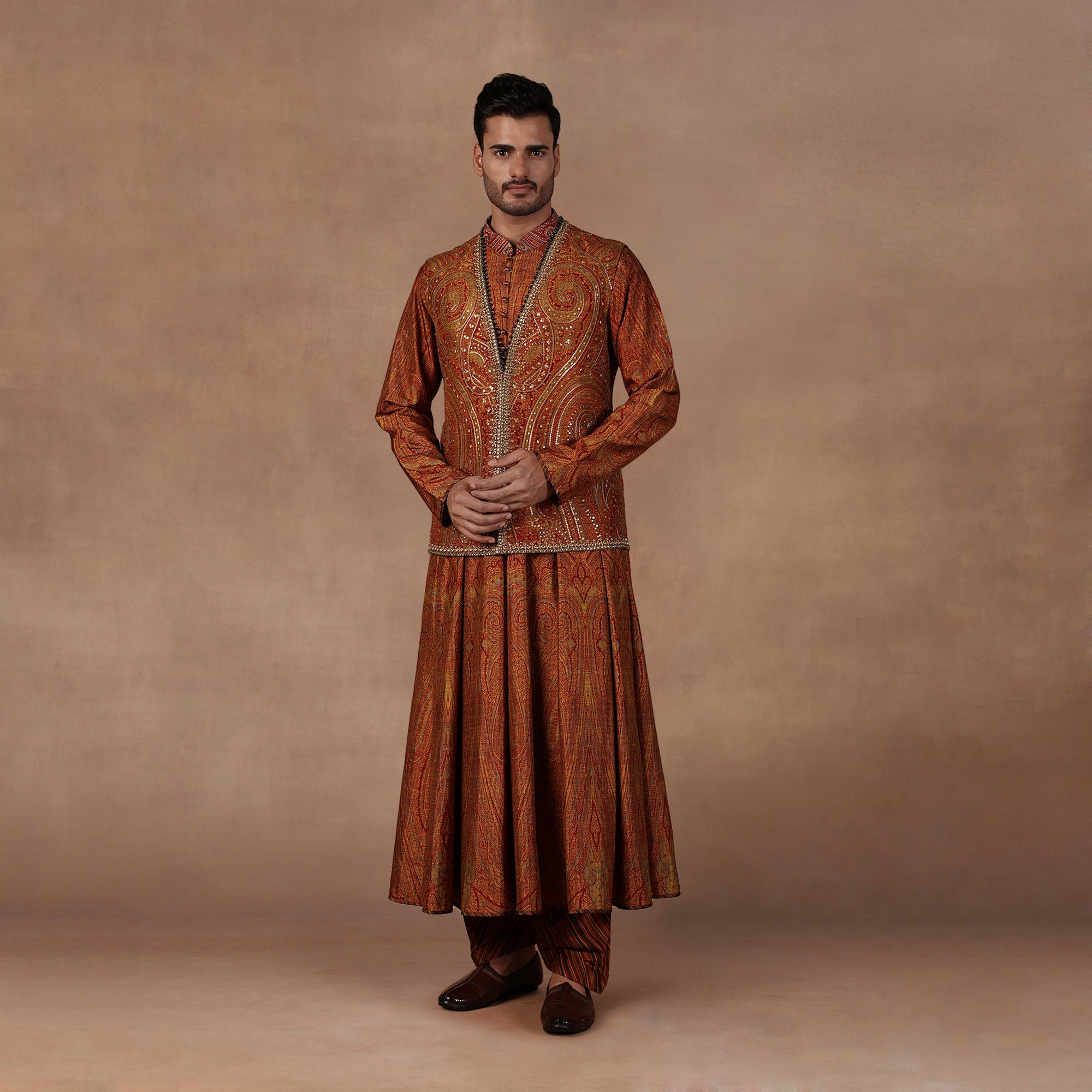 Ochre Jamawar Nehru Jacket Set | East