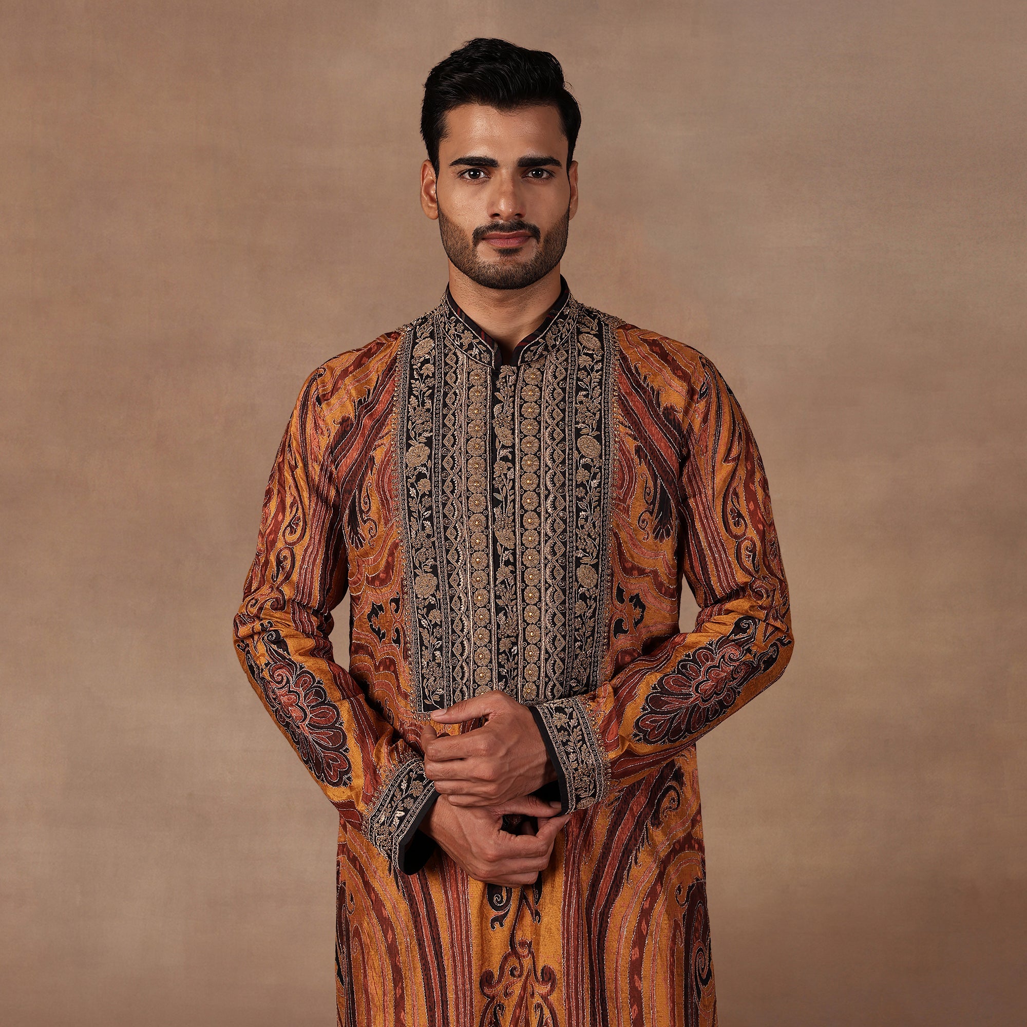 Ochre Mustard Jamawar Kurta Set | East