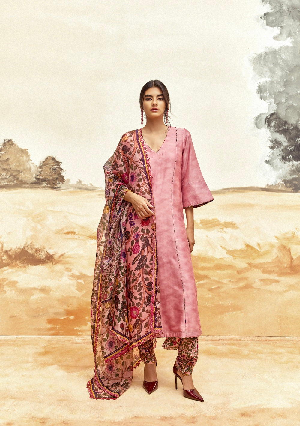 Classic Kurta Set with Churidaar - Pink 1
