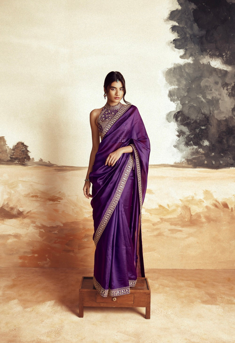 Classic Saree Set with Halter - Purple 1