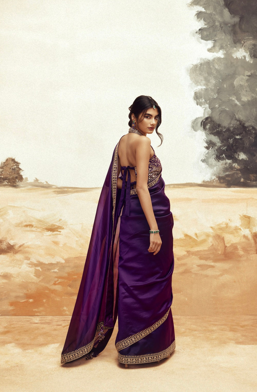 Classic Saree Set with Halter - Purple 3