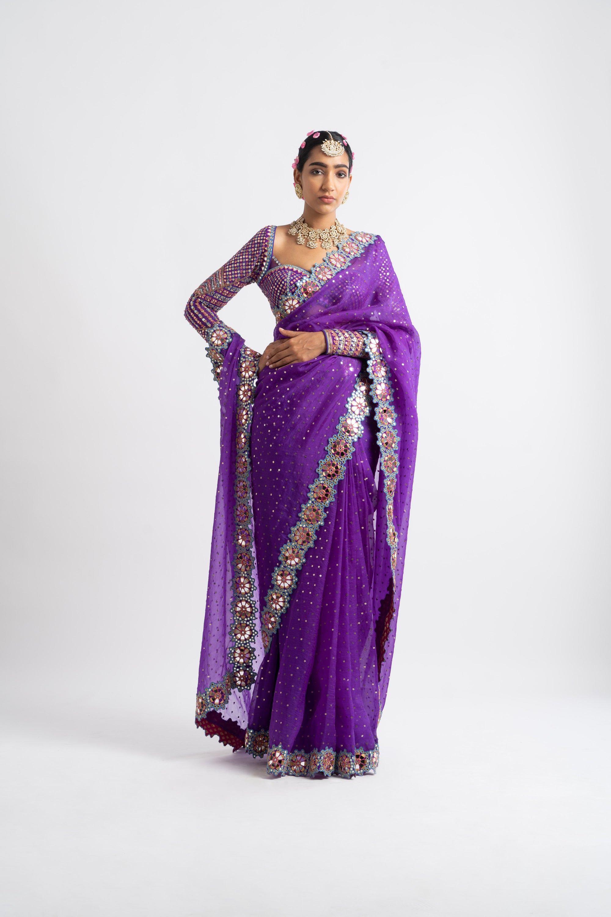 Purple Hand Cut Mirror Border Saree Set