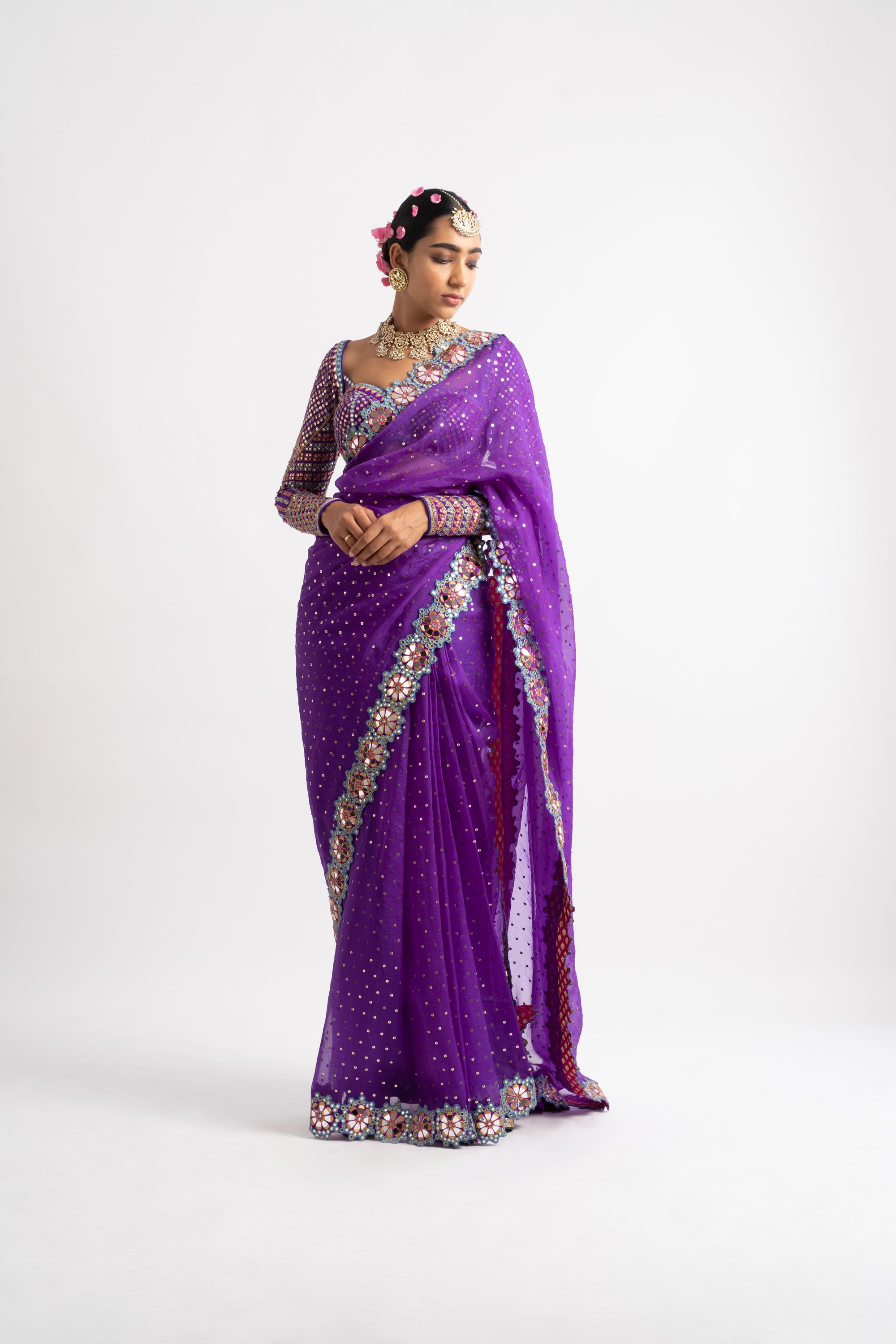 Purple Hand Cut Mirror Border Saree Set