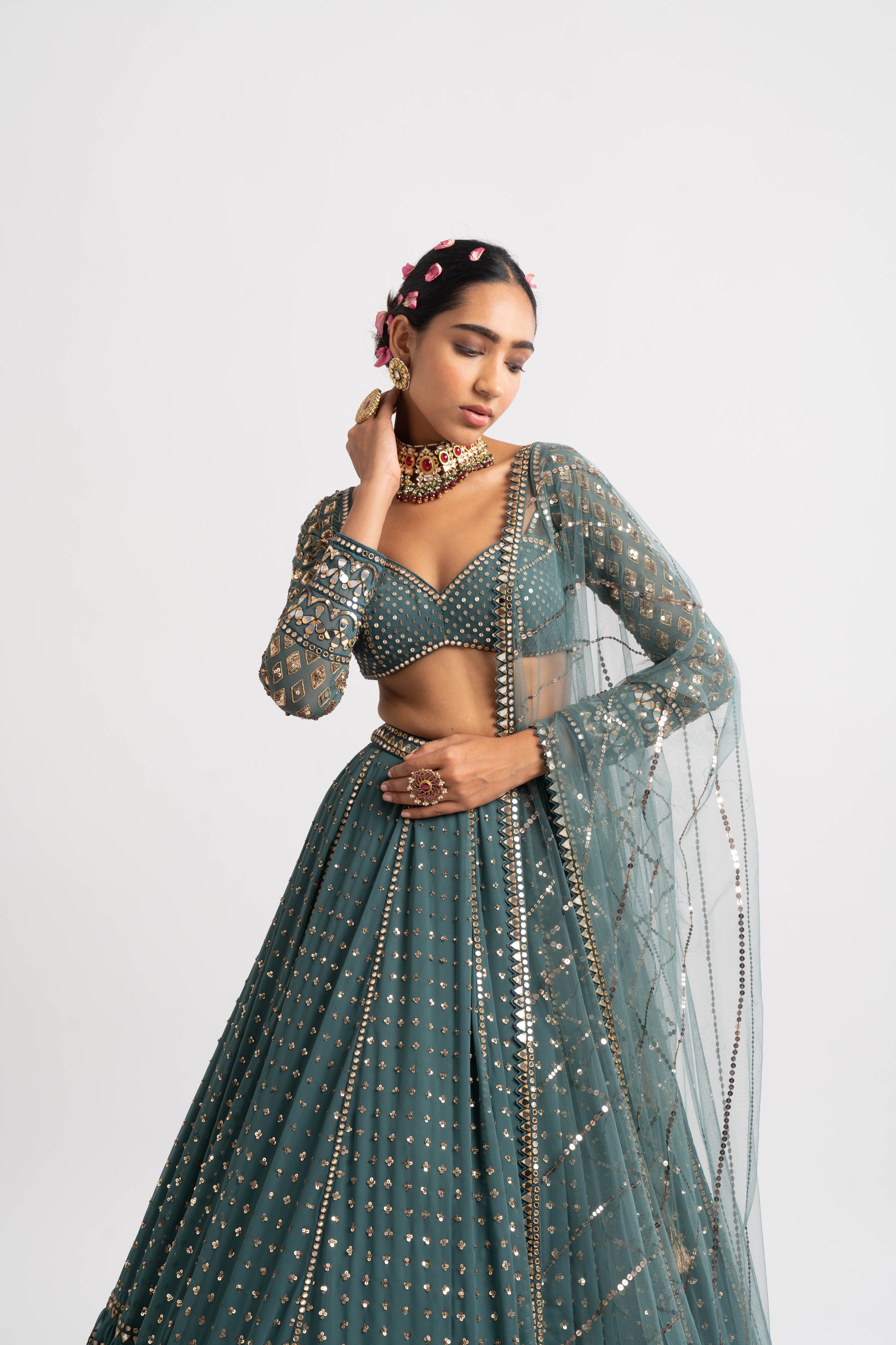 Mud Green Single Tier Lehenga Set
