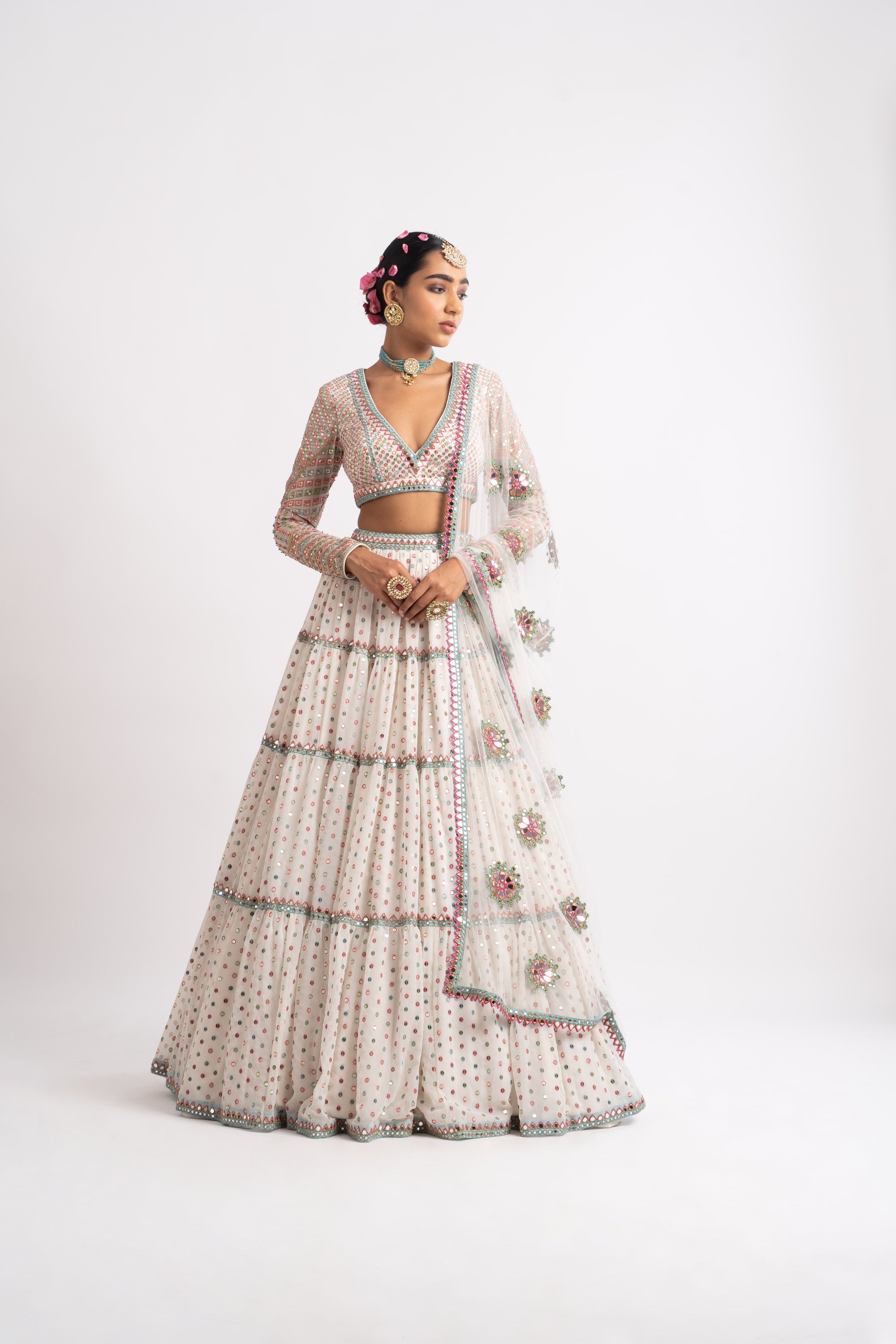 White Multi Tier Multi Color Lehenga Set
