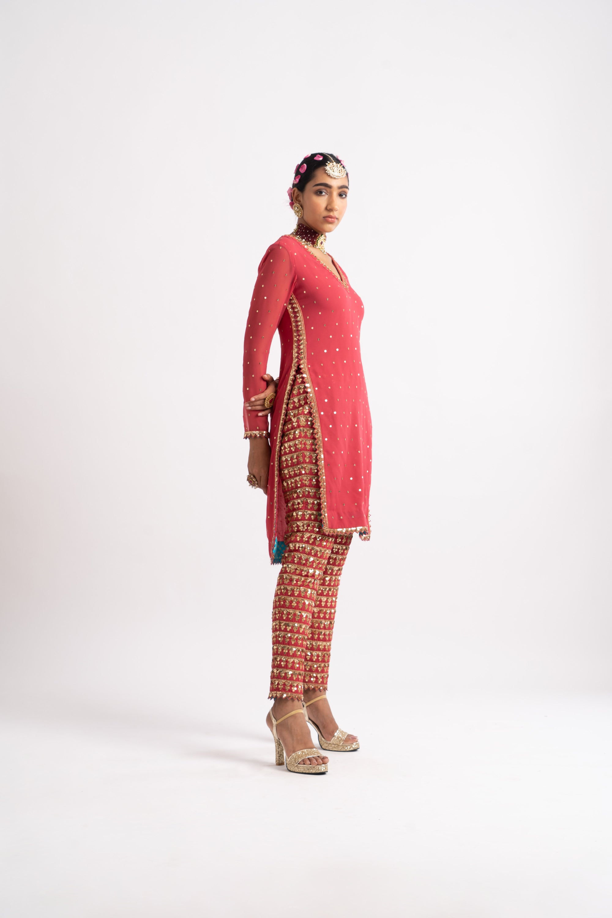 Deep Coral V Neck Heavy Pant Kurta Set