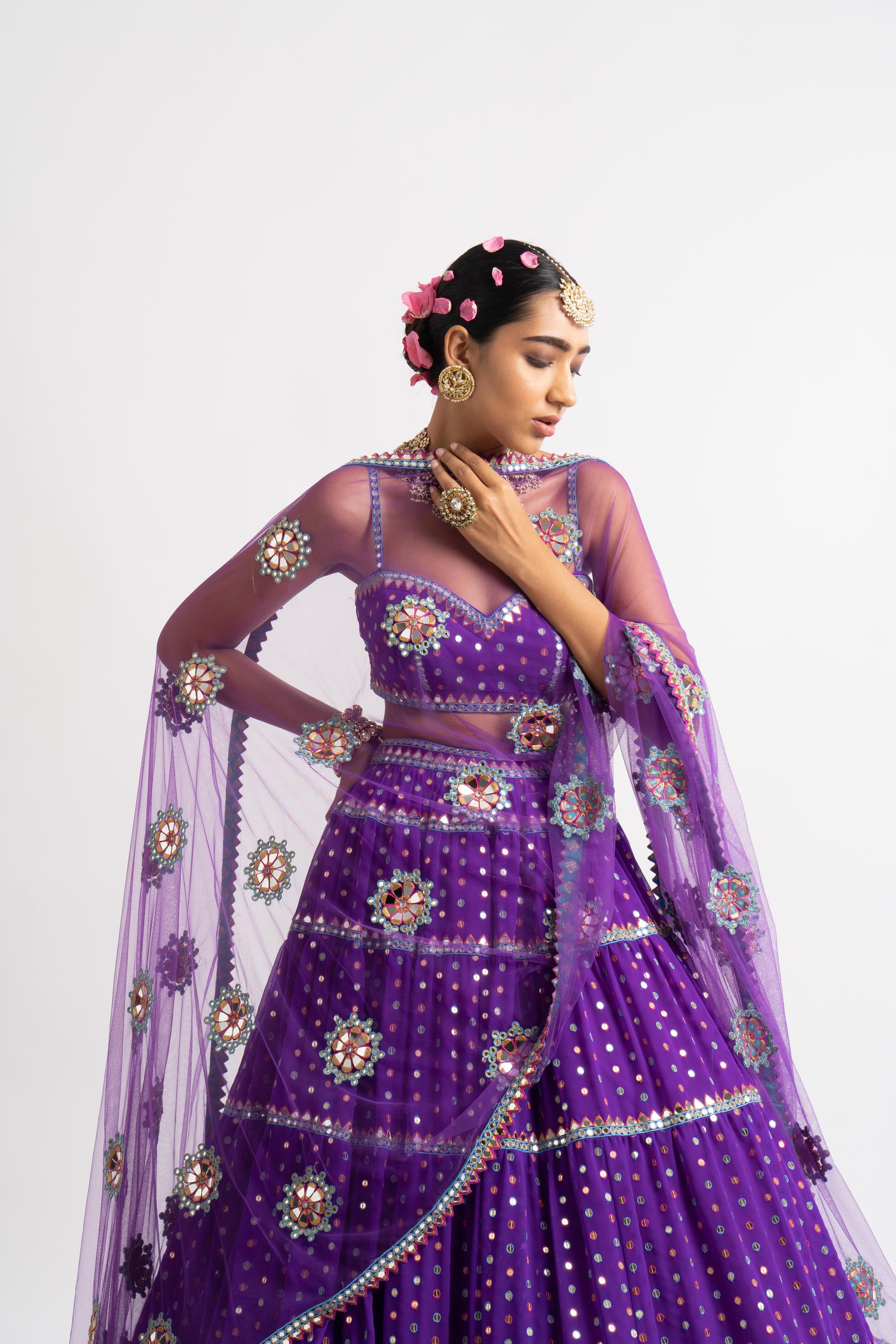 Purple Noodle Strap Multi Tier Lehenga Set