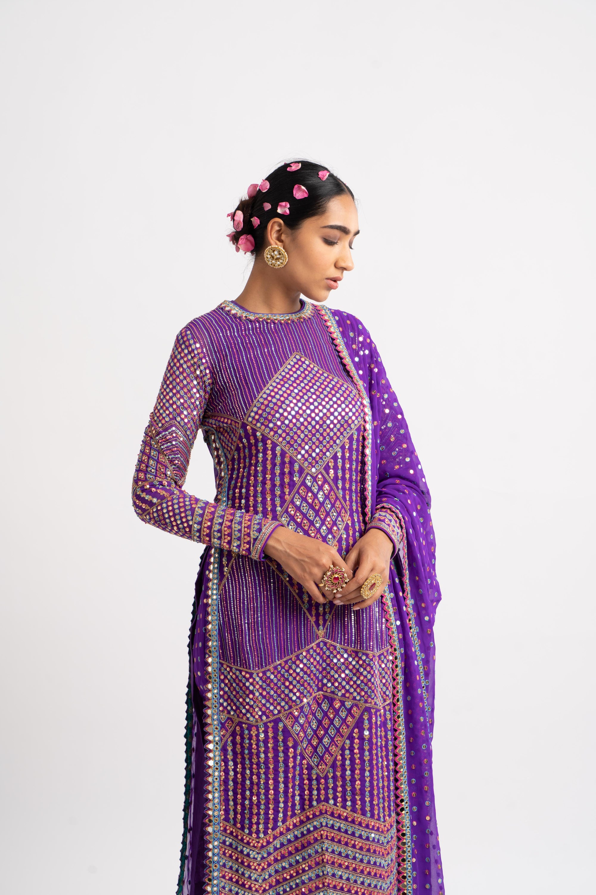 Purple Multi Embroidery Round Neck Kurta Set
