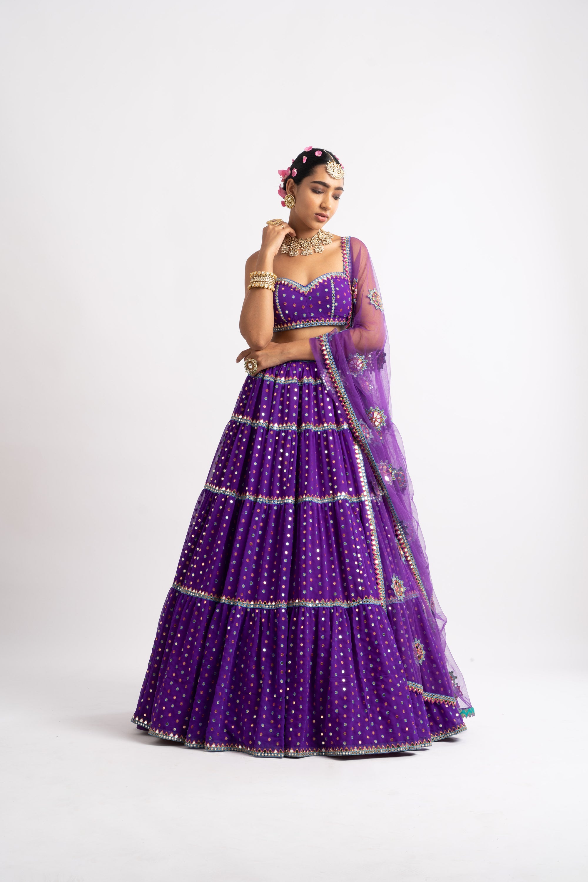 Purple Noodle Strap Multi Tier Lehenga Set
