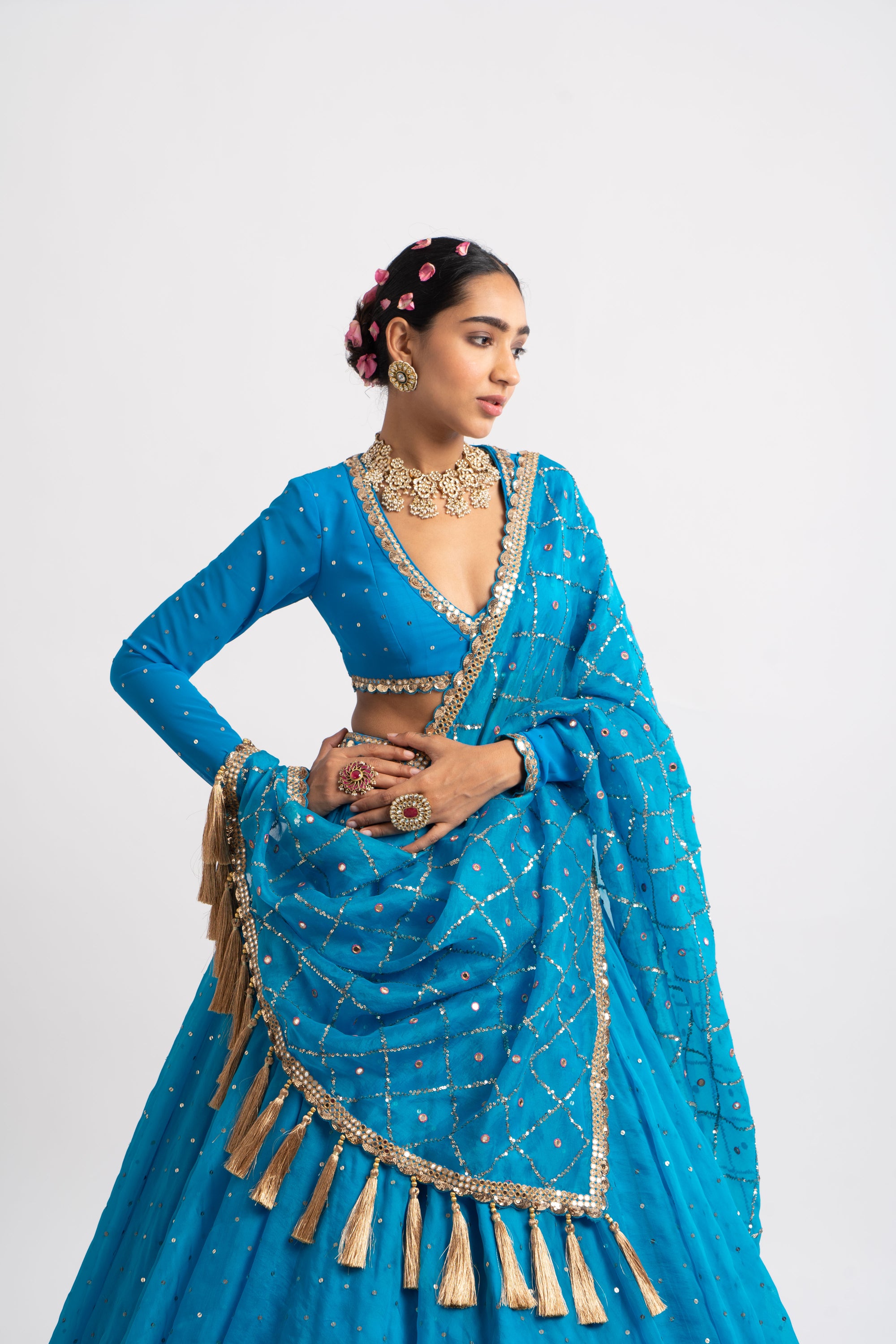 Firozi Silk Organza Heavy Dupatta Lehenga Set