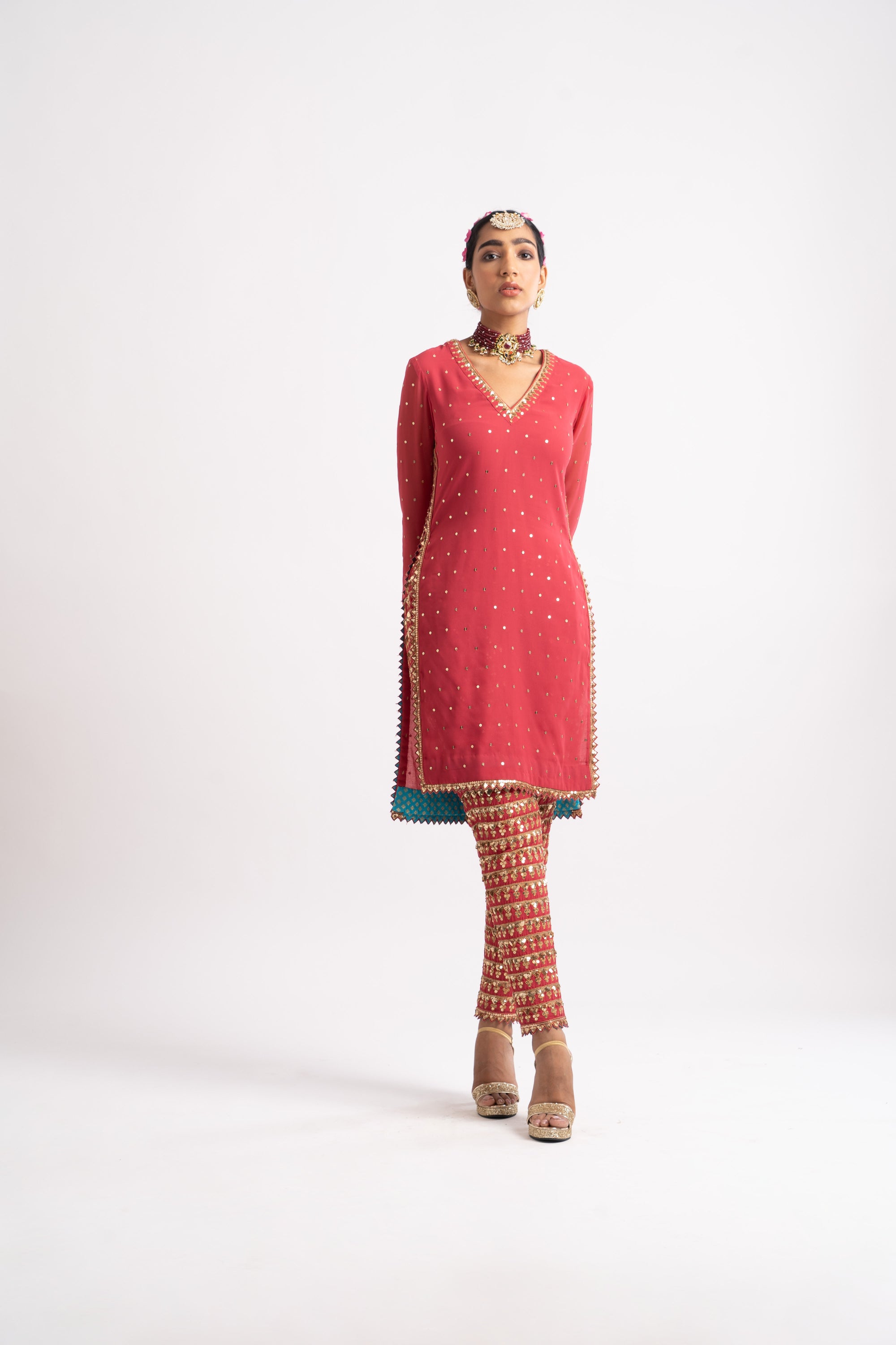 Deep Coral V Neck Heavy Pant Kurta Set