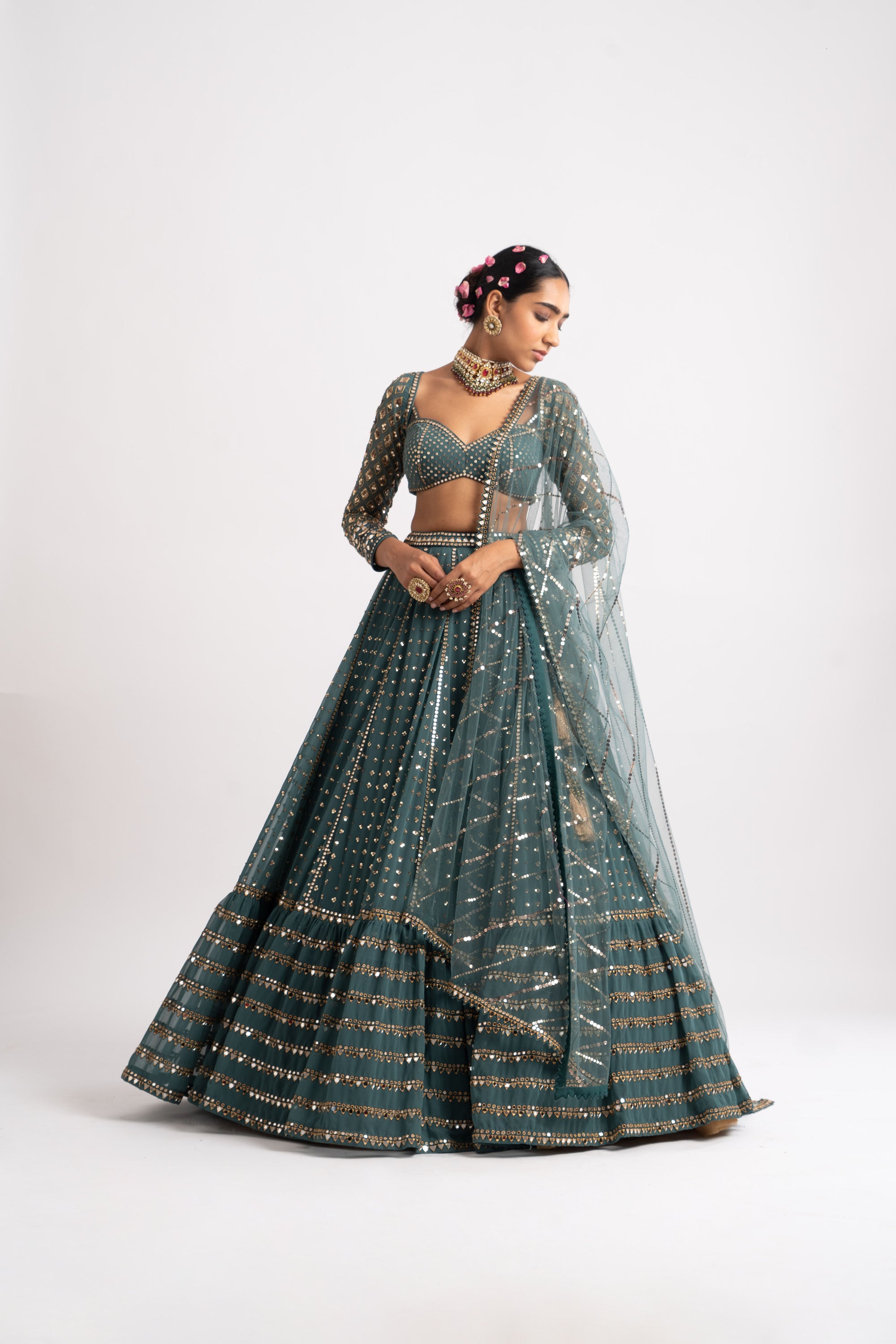 Mud Green Single Tier Lehenga Set