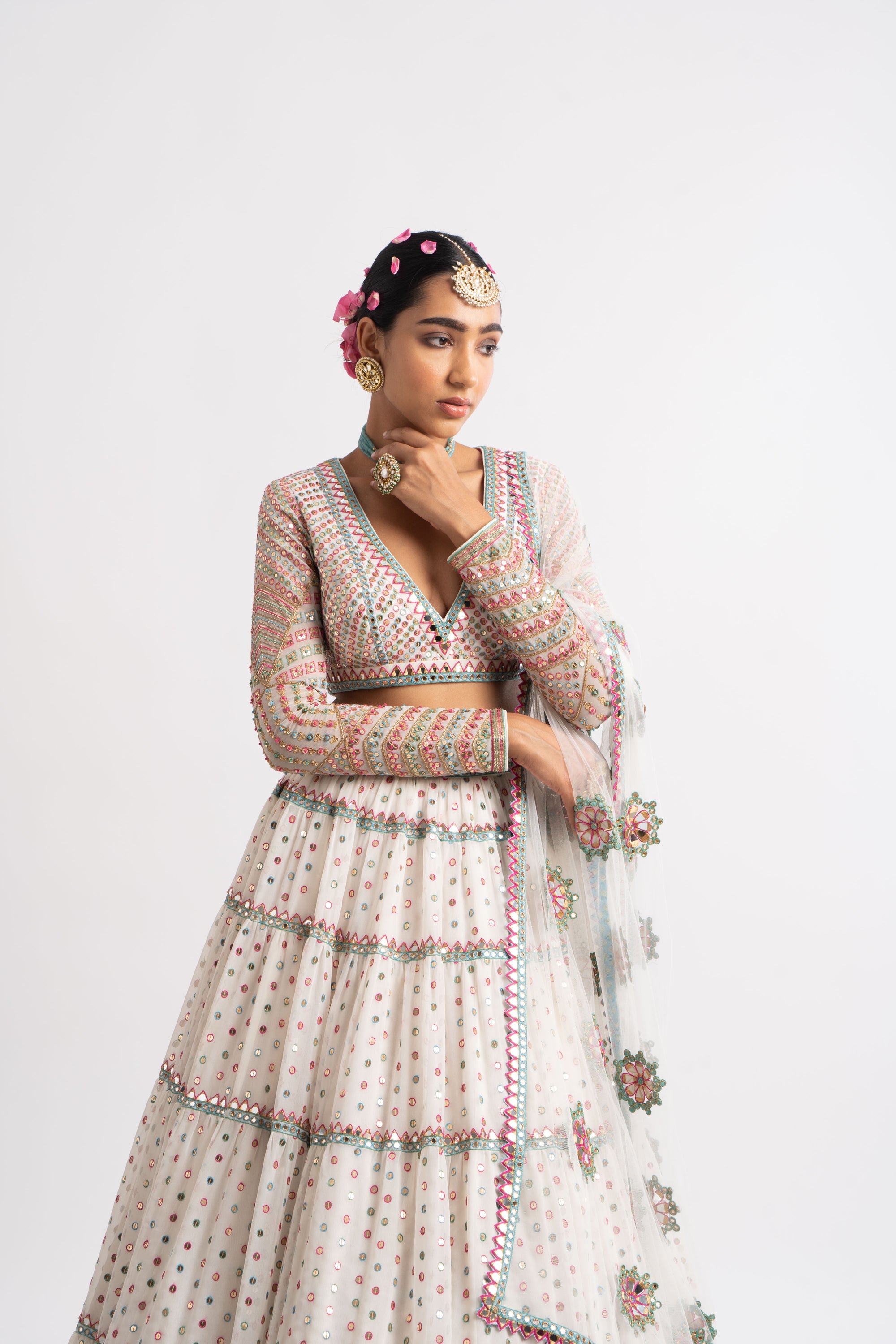 White Multi Tier Multi Color Lehenga Set