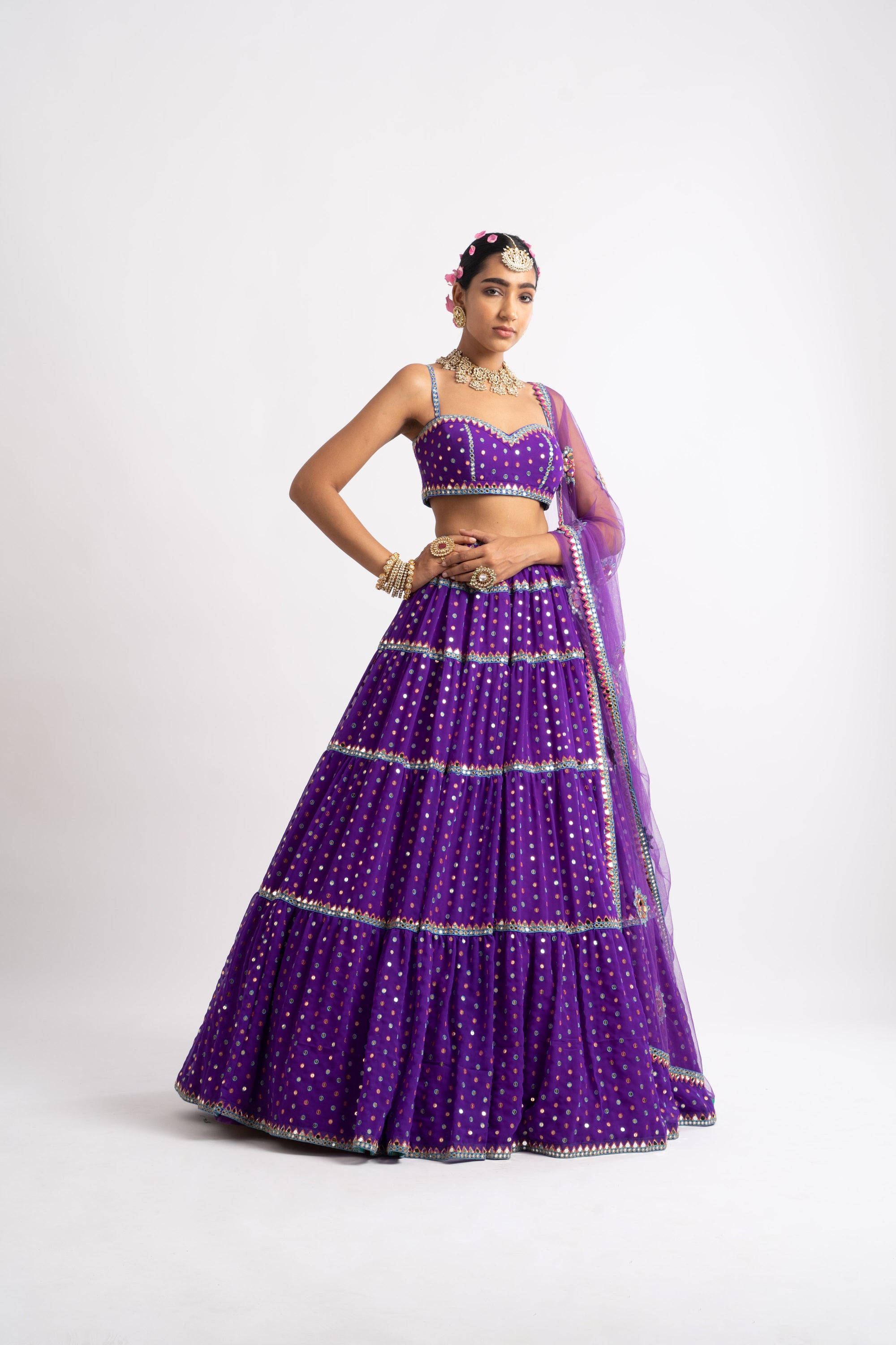 Purple Noodle Strap Multi Tier Lehenga Set