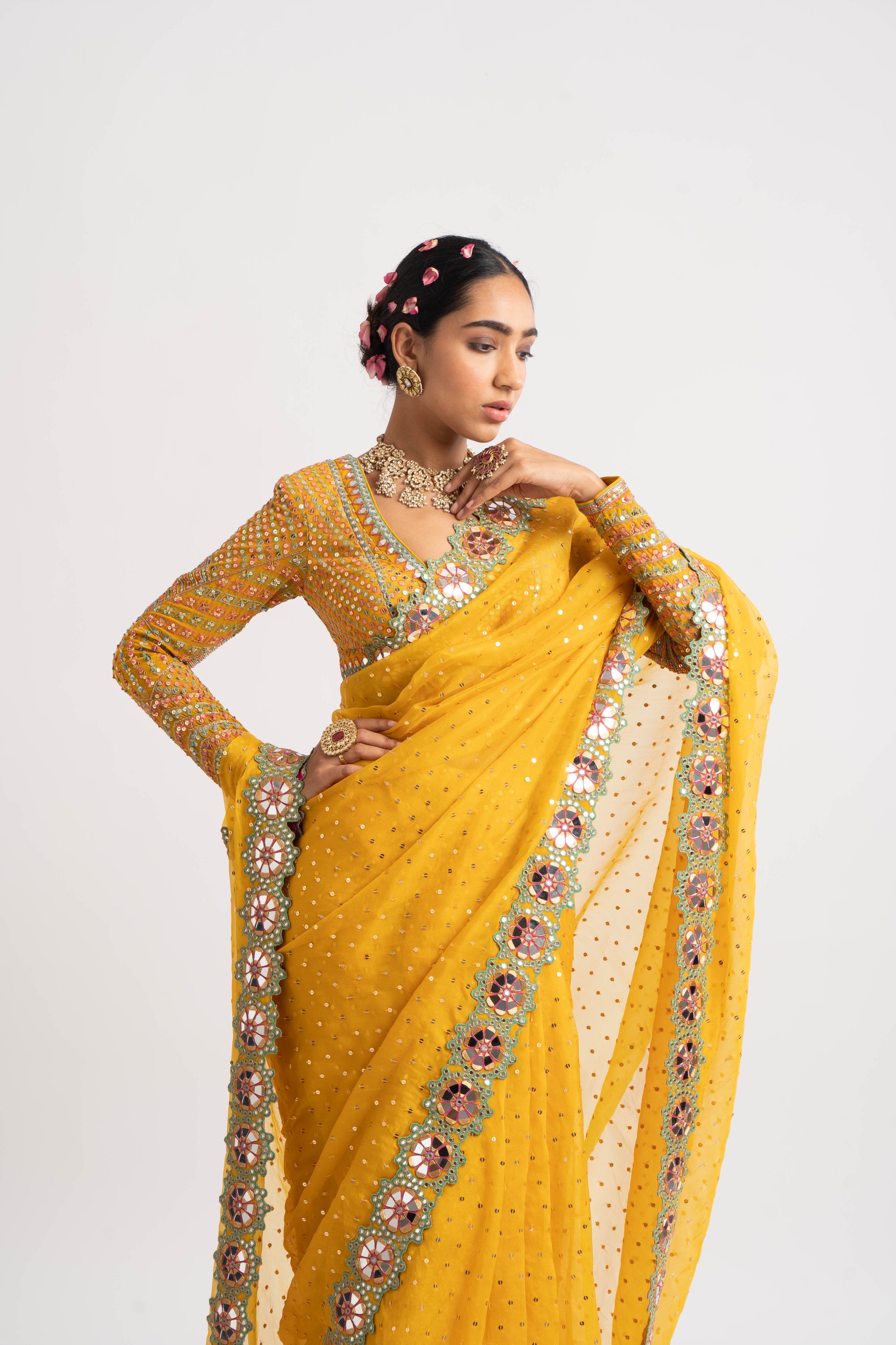 Yellow Hand Cut Mirror Border Saree Set
