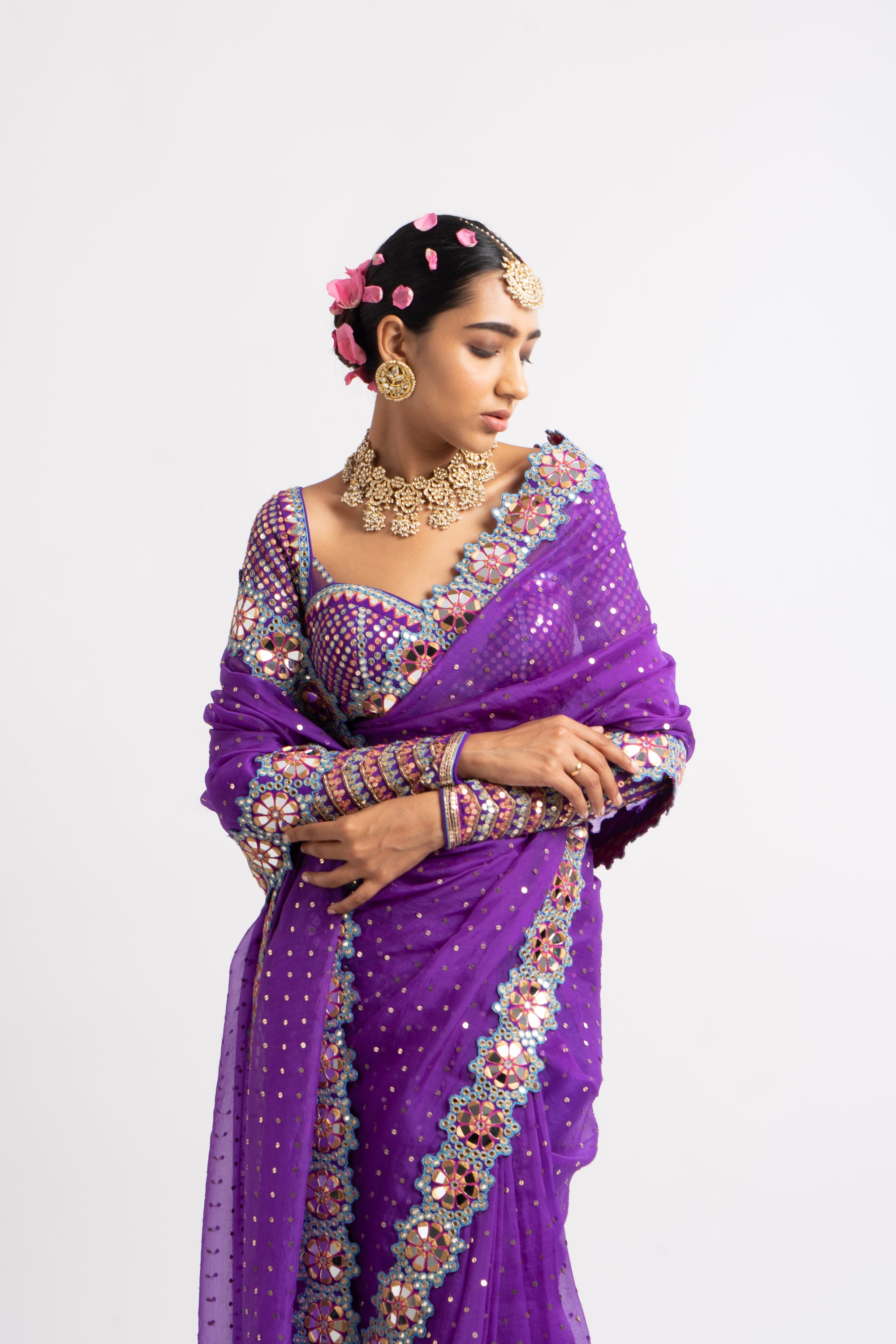 Purple Hand Cut Mirror Border Saree Set