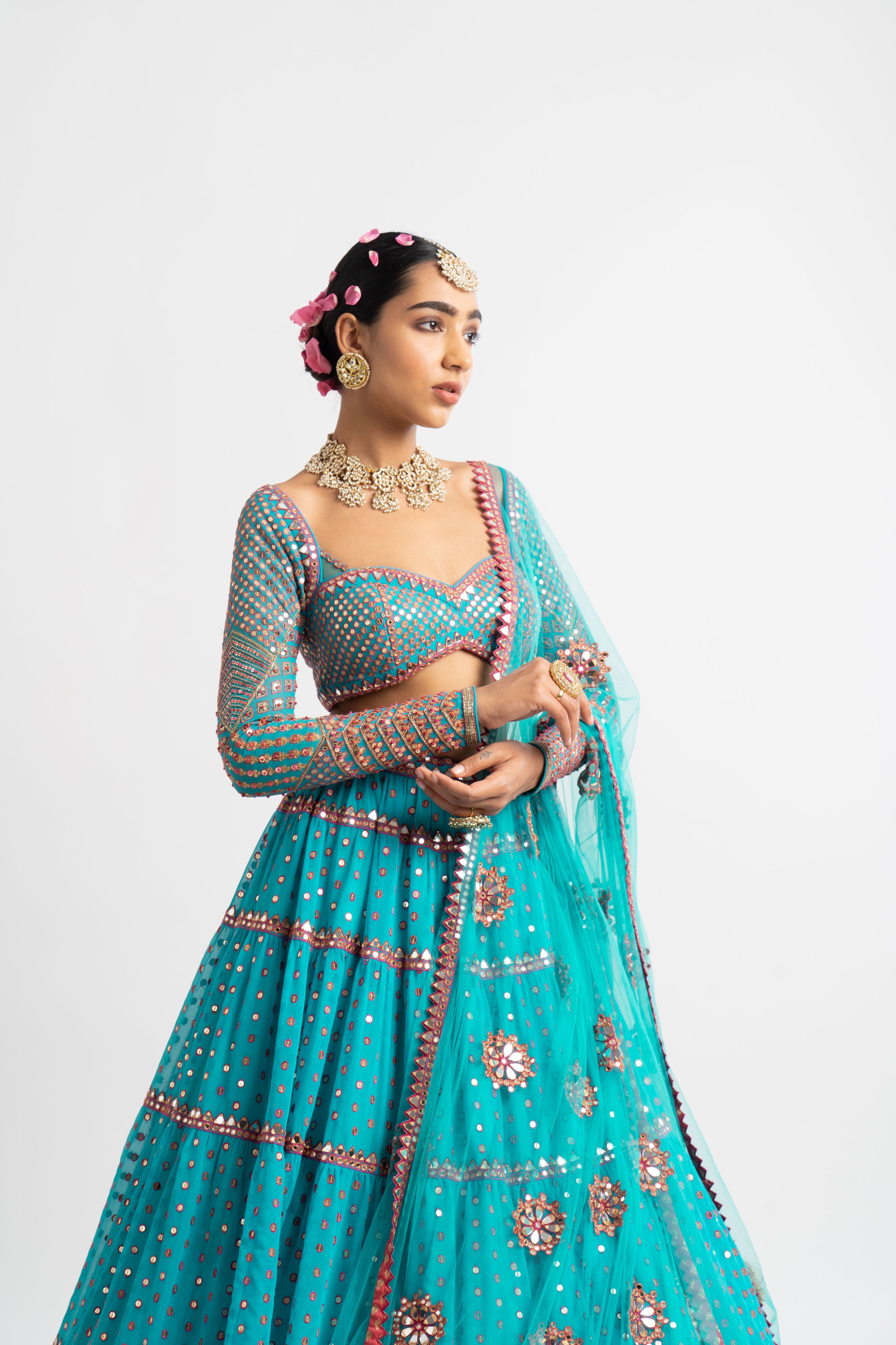Peacock Green Multi Tier Multi Color Lehenga Set