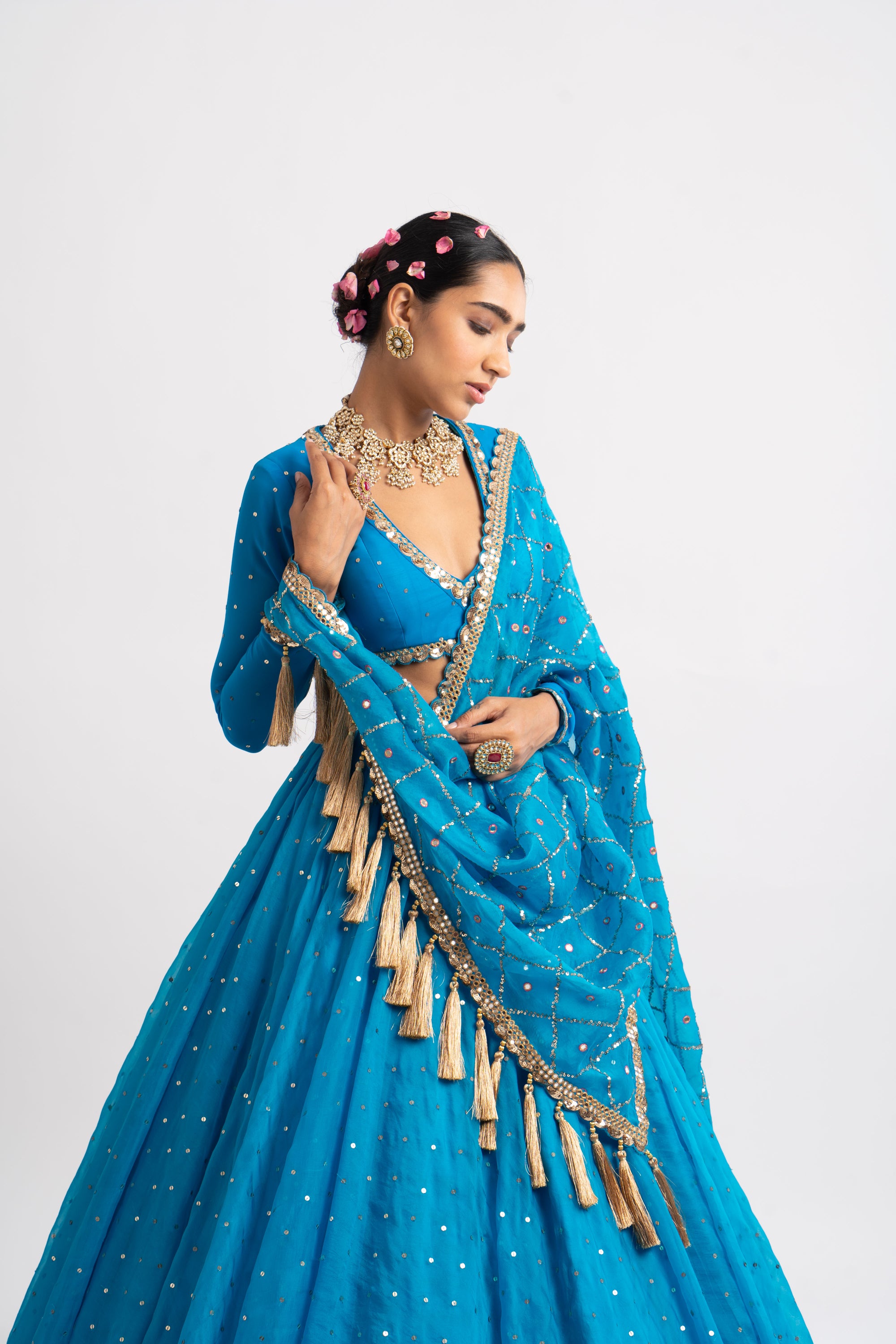 Firozi Silk Organza Heavy Dupatta Lehenga Set