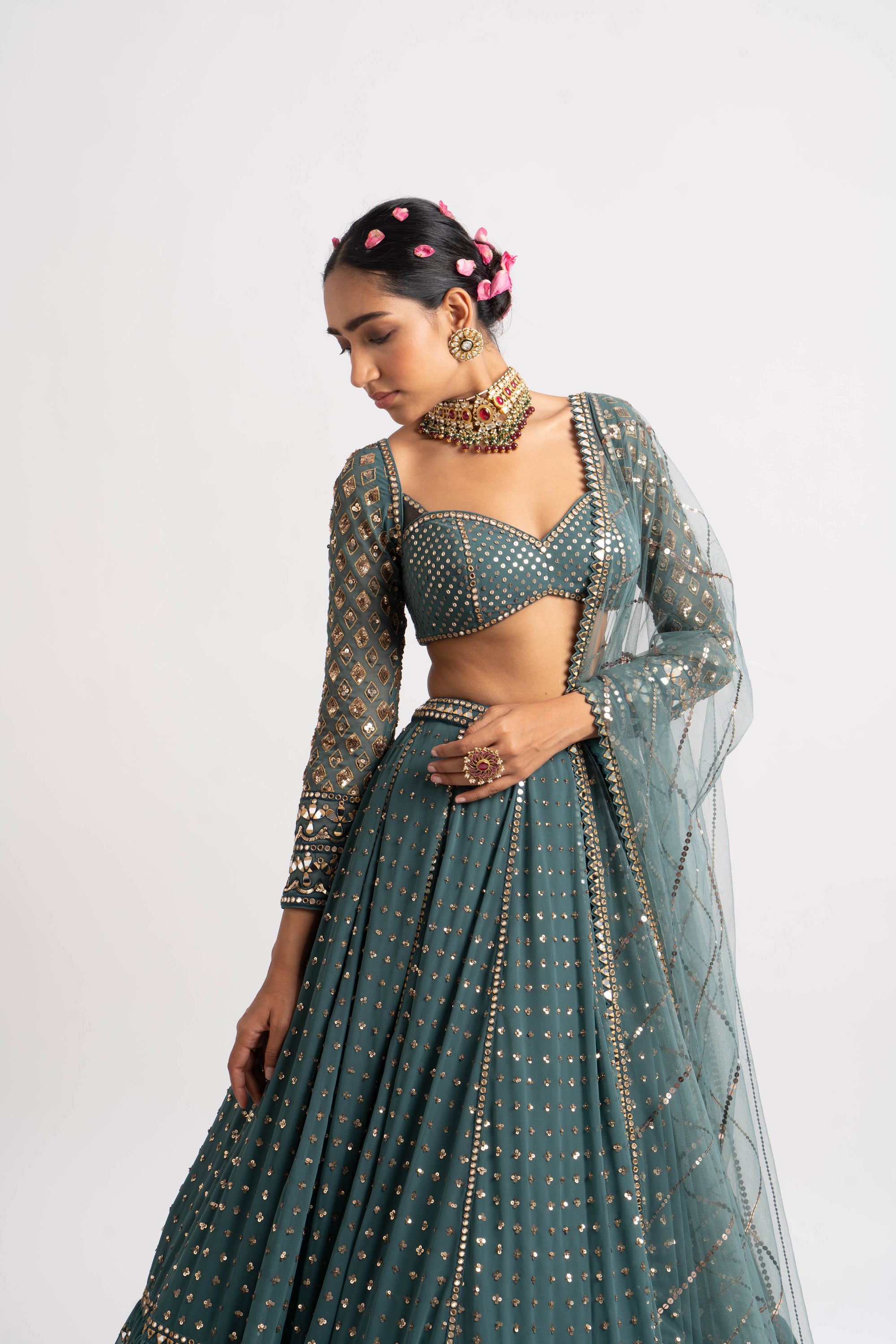Mud Green Single Tier Lehenga Set