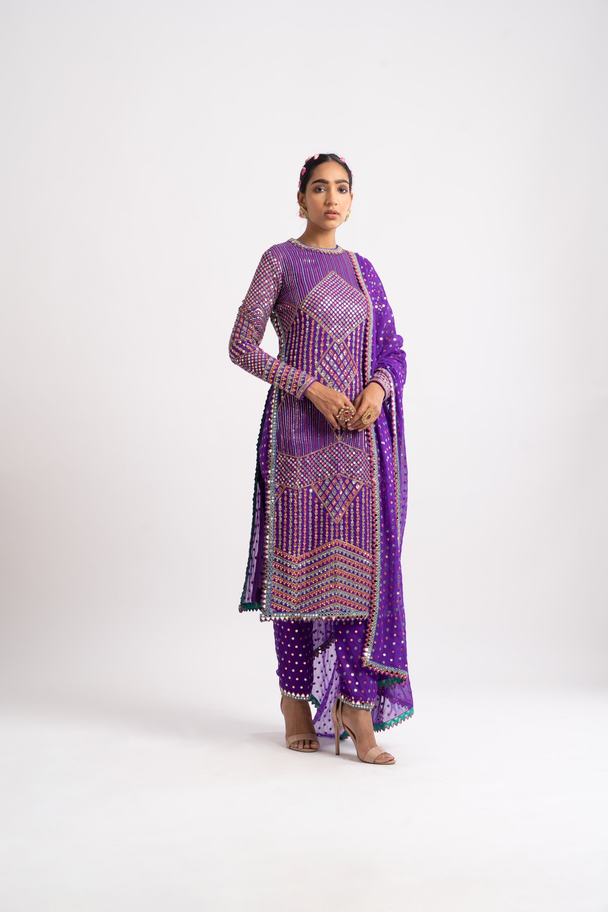 Purple Multi Embroidery Round Neck Kurta Set