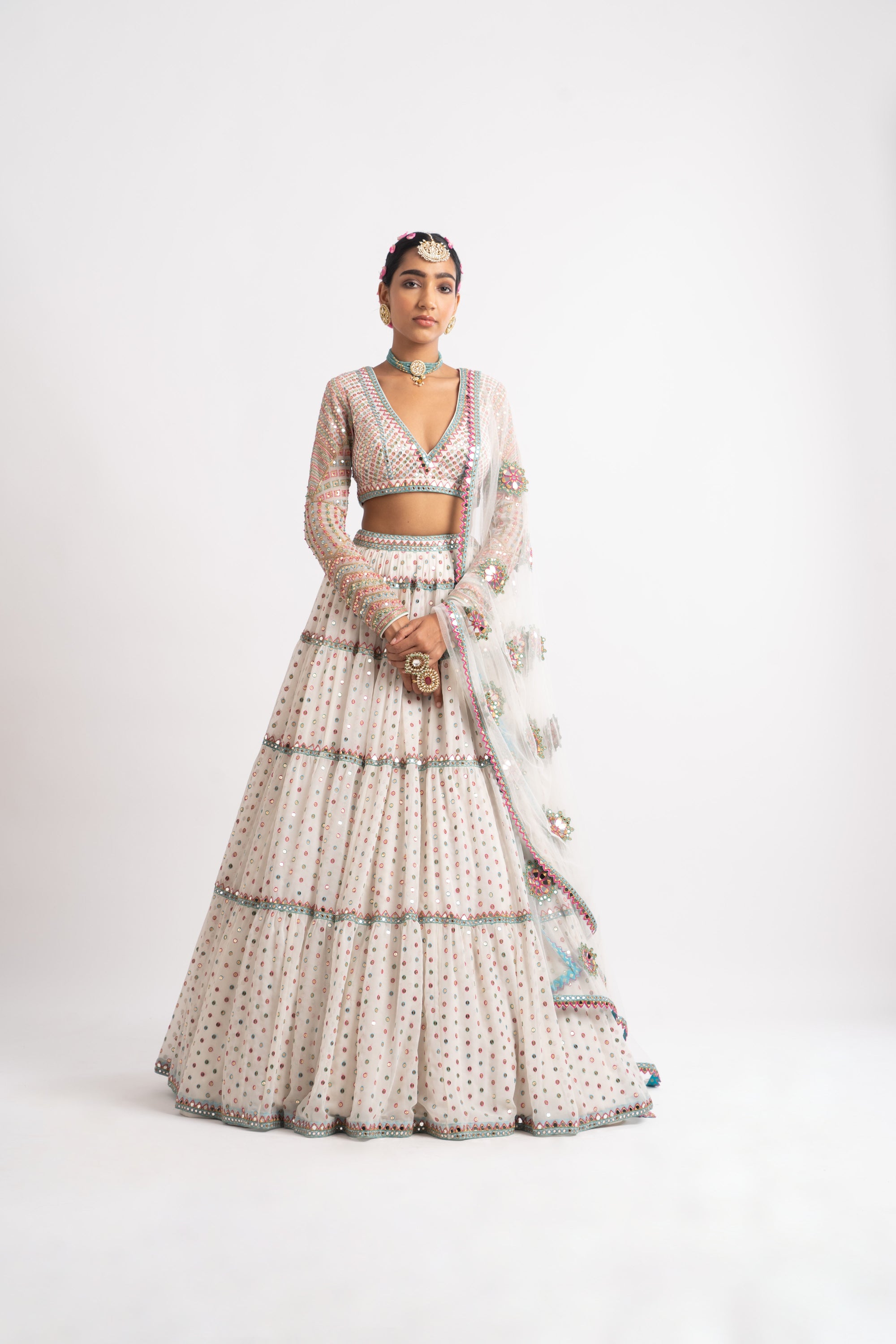 White Multi Tier Multi Color Lehenga Set